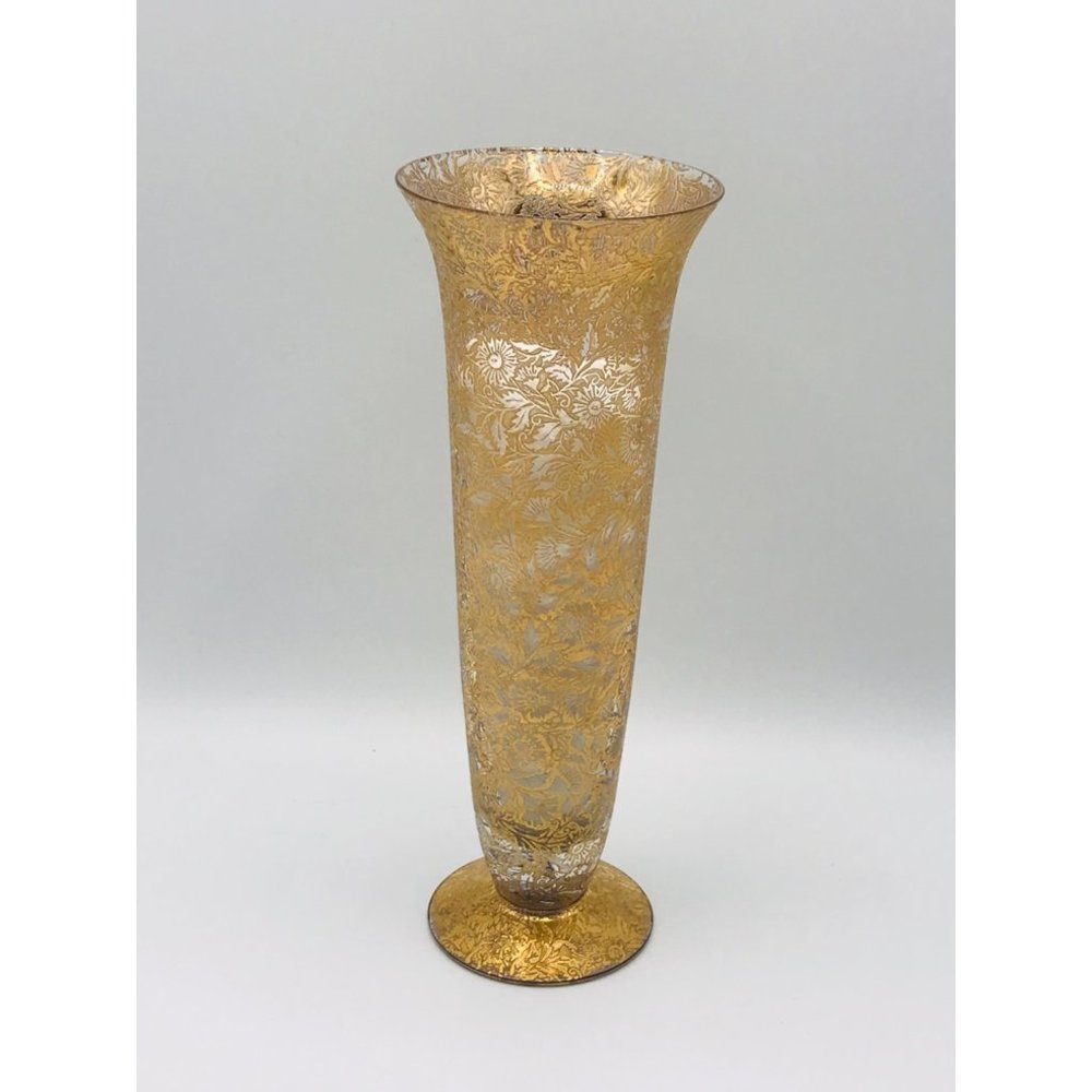 Vintage Lotus 22 karat gold vase. Floral pattern. 8 1/4” tall x 3”opening.